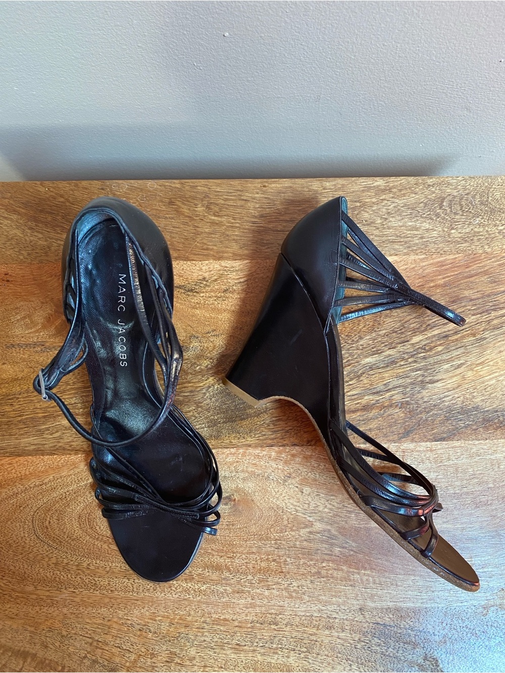 VTG Y2K Marc Jacobs Black Leather Wedge Shoes Ankle Strap